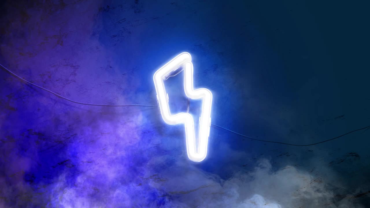 霓虹蓝色闪电标志照亮深色大理石墙面，环形开关视频素材