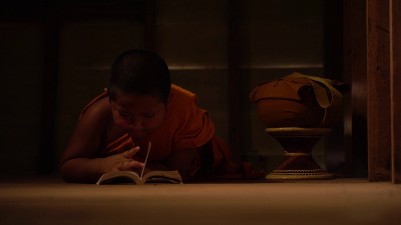 东南亚泰国小和尚在寺院内读书，传授佛法视频素材