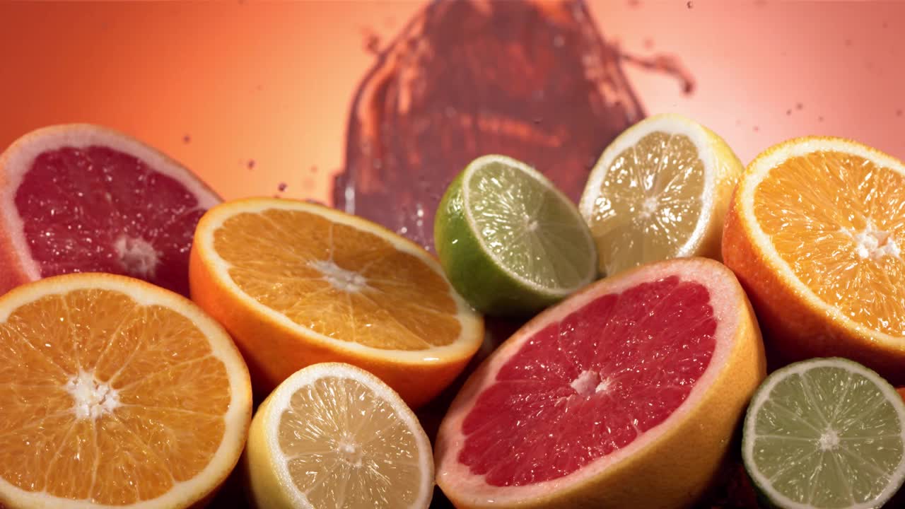 慢动作镜头柑橘水果和水溅过柠檬，酸橙，柚子片视频素材