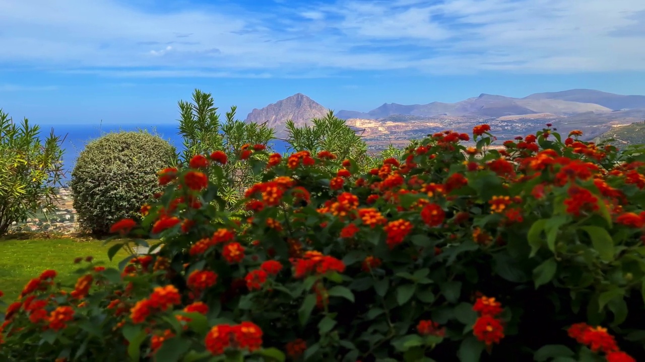 从意大利西西里岛瓦尔德瑞斯的鲜花花园看到的蒙特卡诺山的全景。慢动作视频素材
