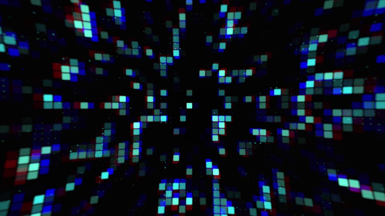 高科技运动图形背景，蓝色和绿色闪烁的点和正方形在黑暗的背景视频素材