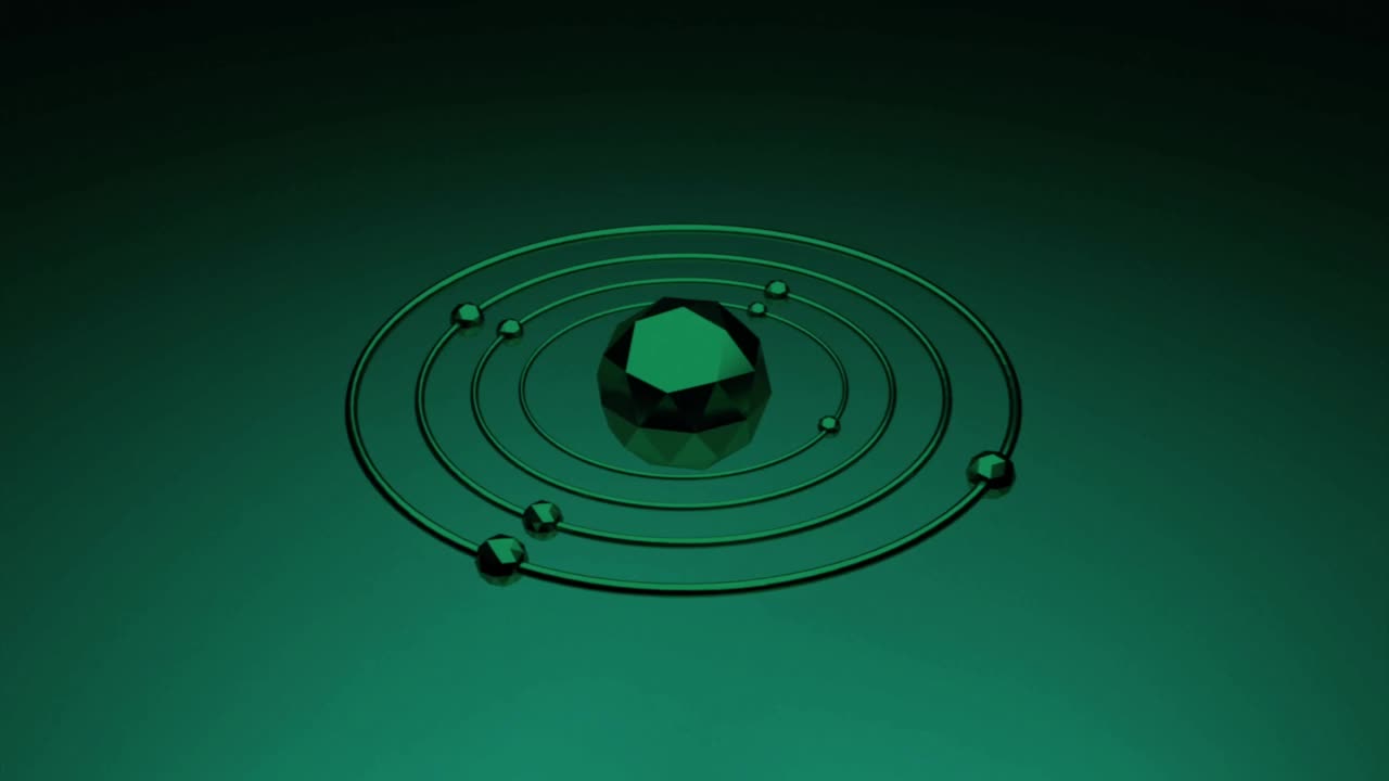 原子模型的抽象可视化。设计。运动图形的电子在一个抽象的孔雀石颜色光滑的模型上梯度深绿色的背景。视频下载