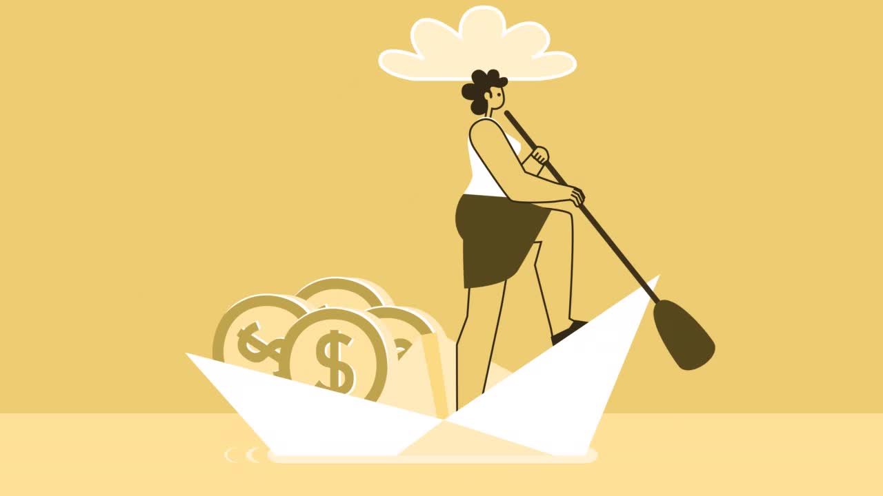黄色风格的女人扁平的人物航行在纸船与美元硬币。Alpha通道的孤立循环动画视频下载
