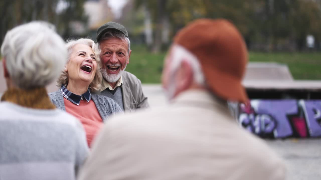 快乐的老年夫妇和他们的朋友在公园里聊天视频素材
