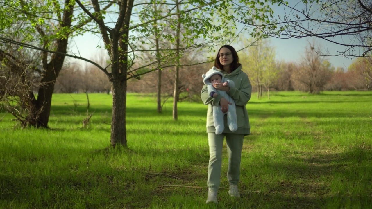 一位年轻的母亲在大自然中带着婴儿散步。一个戴眼镜的女孩怀里抱着一个孩子。视频素材