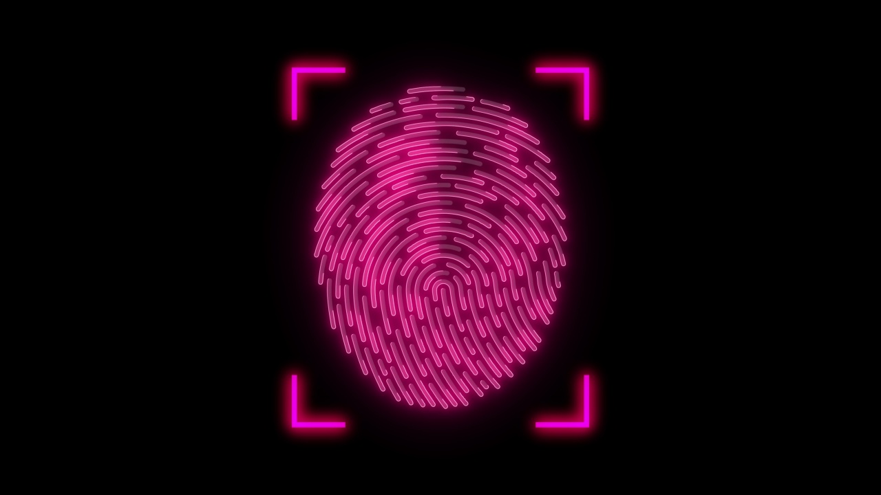 现代技术指纹扫描过程粉红色辉光背景视频素材