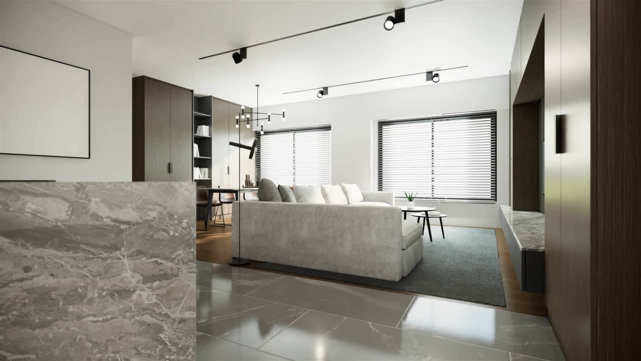 现代日式房间设计与家具。当代白色公寓理念。3D视频4k动画视频素材