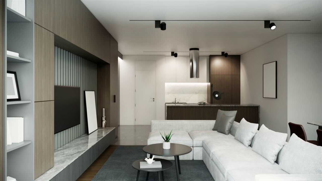 现代斯堪的纳维亚家具室内。现代公寓风格。白室创意，缩小拍摄4k动画视频视频素材