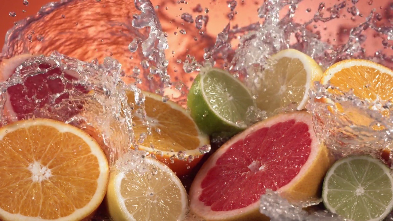 慢动作镜头的柑橘水果和水溅过柠檬，青柠，柚子片视频素材