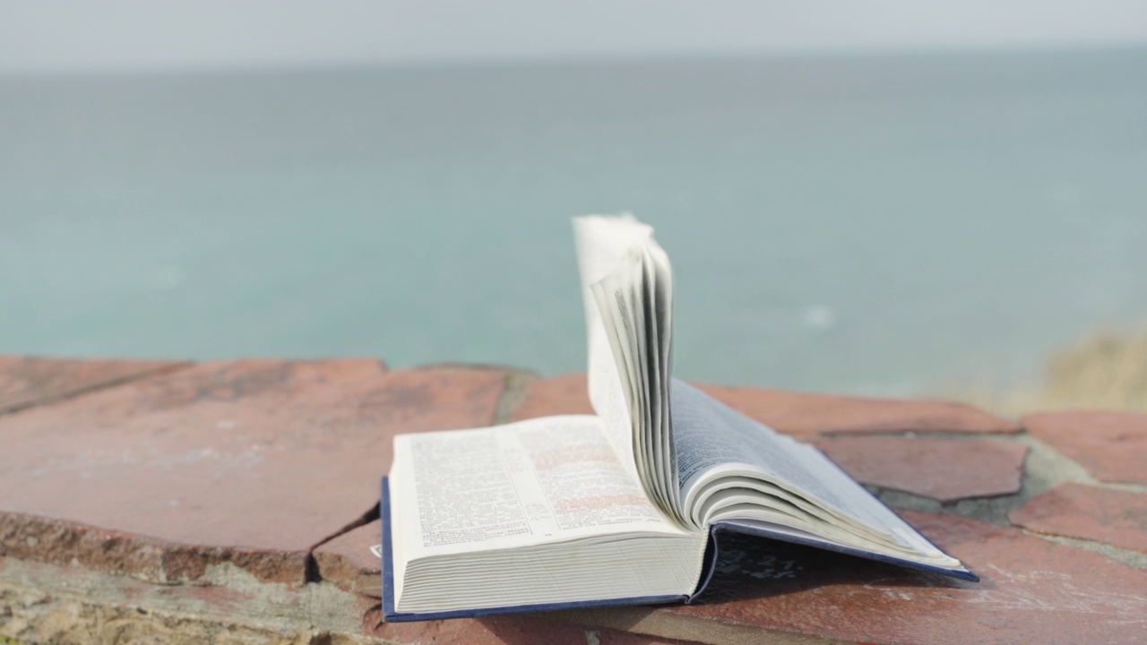 风以慢动作翻动书页。打开的书躺在海边的长凳上，视频素材