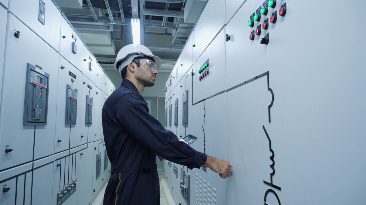 电气工程师在电气控制室使用数字平板对电力系统进行检测和编程。在工厂工作的男工程师。工业、工厂、可再生能源的概念。视频素材