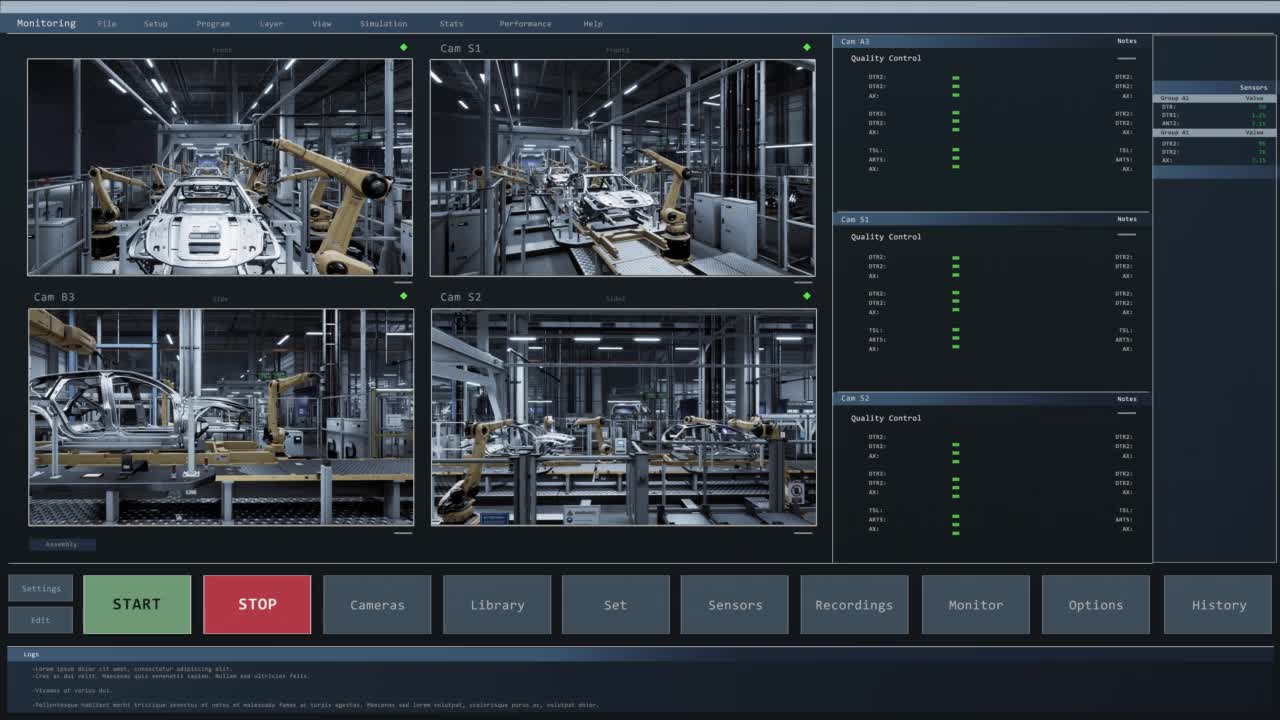 汽车工厂自动化机械臂装配线制造现代电动汽车的视频摄像机实时传输。监控软件生产输送机管理员。3D视觉特效概念。视频下载