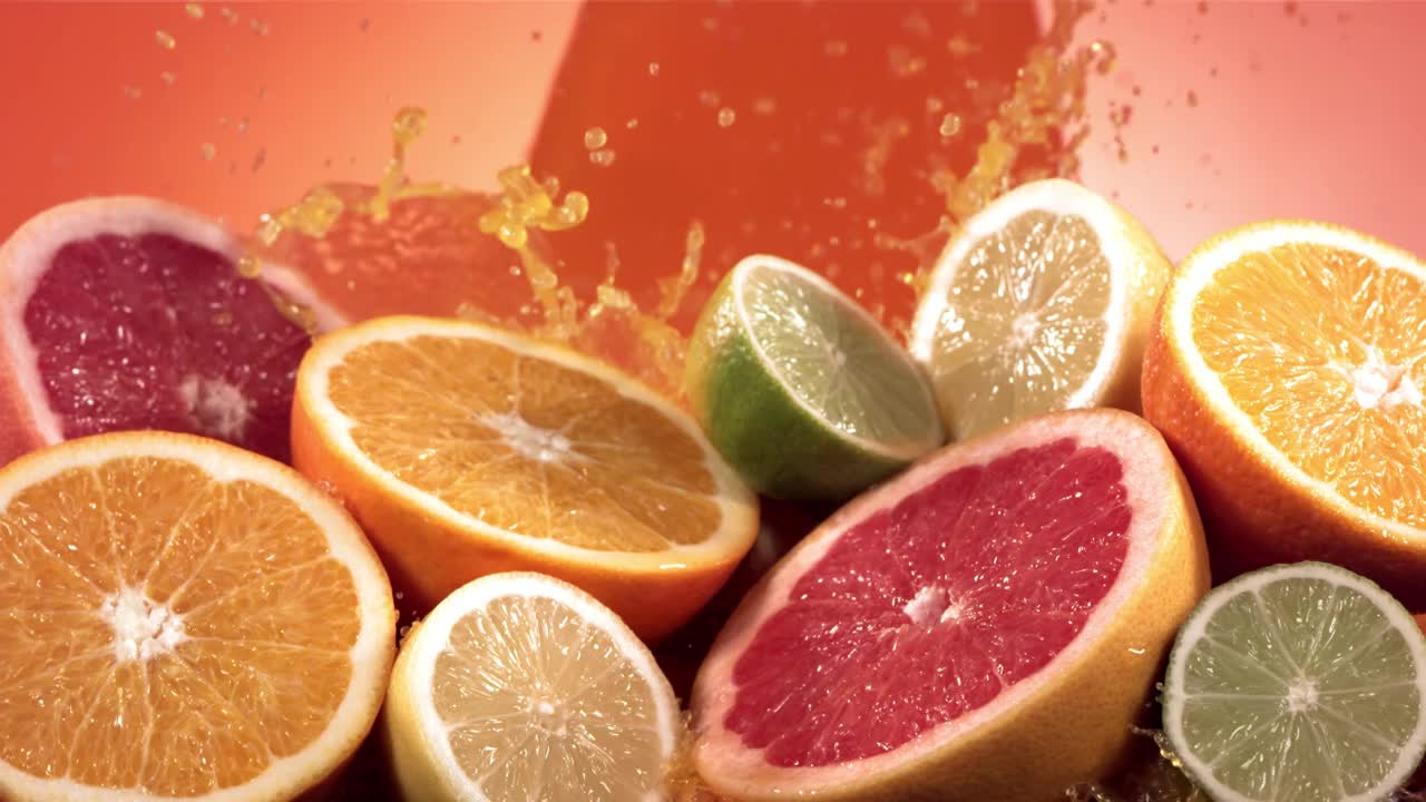 慢动作镜头柑橘水果和果汁溅过柠檬，青柠，柚子片视频素材