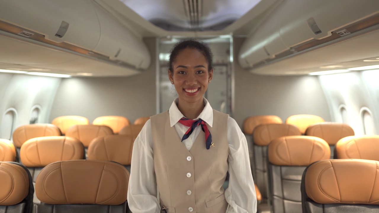 女客舱机组人员的镜头肖像。视频下载