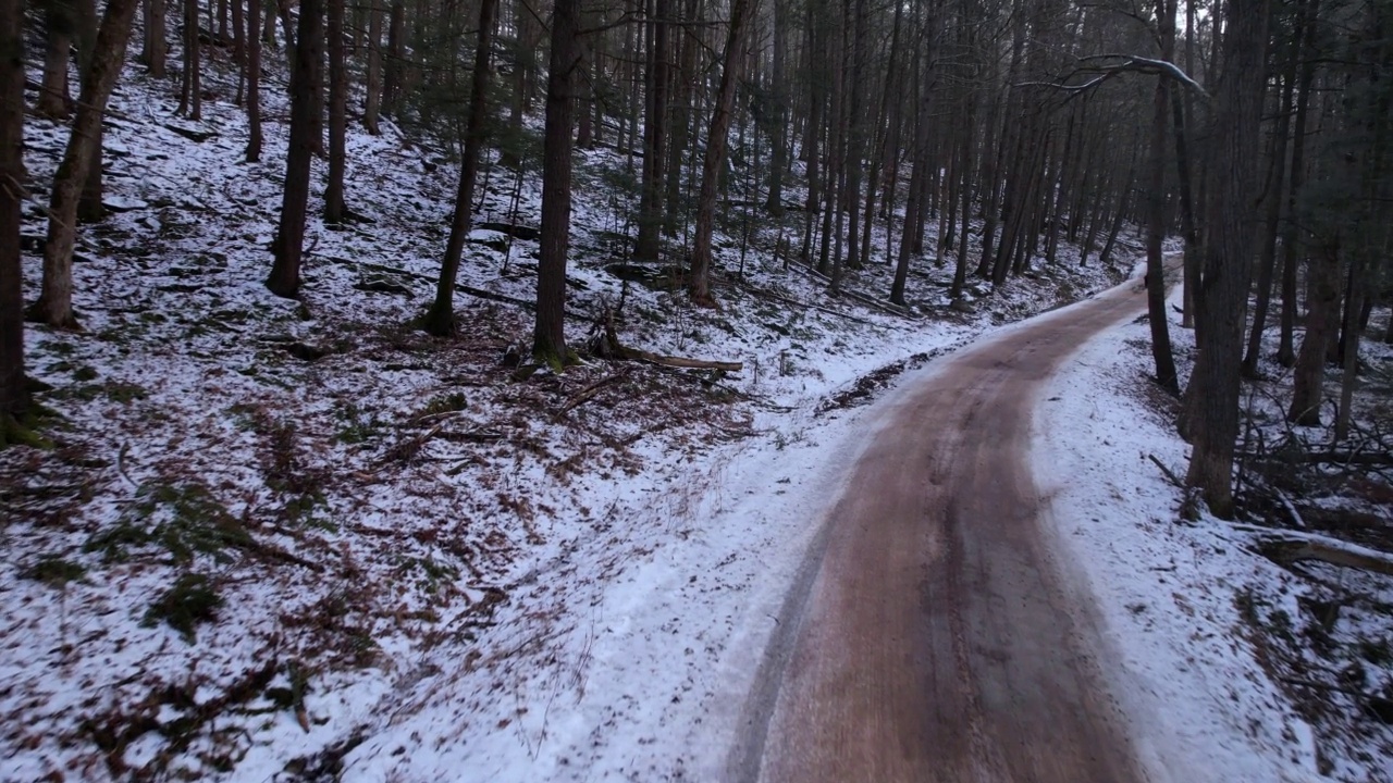 美丽的隔离土路穿过一个下雪，美丽的森林视频素材