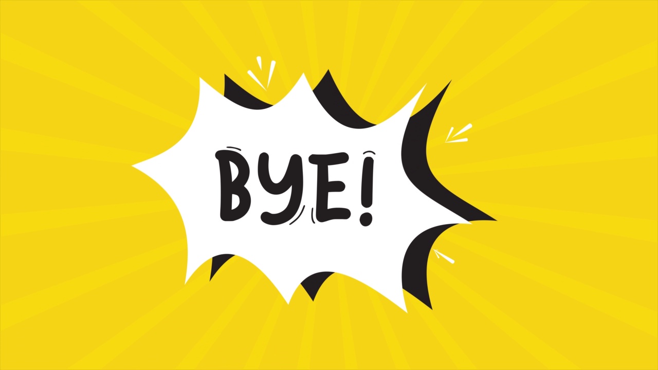 一个连环画卡通动画，有单词Bye出现。黄色和半色调背景，星形效果视频下载