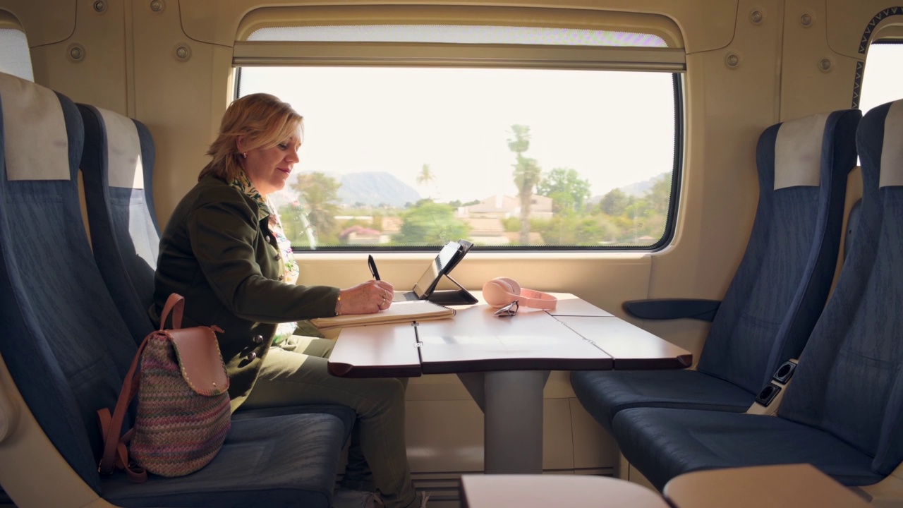 她在火车上工作，手里拿着平板电脑和笔记本。远程工作,旅游视频下载