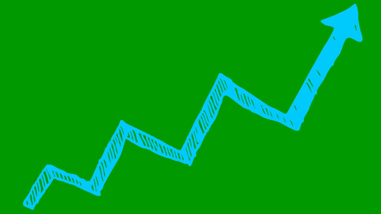 动画金融增长图表与趋势线图。蓝色箭头图标。经济增长条形图。手绘矢量插图孤立在绿色背景上。视频素材