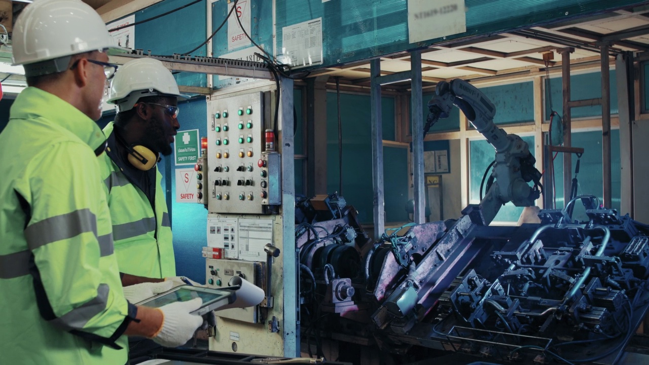 一组从事防护工作的技术工程师，负责控制和指导在工厂中从事工业机器人工作的机械臂的维护视频下载