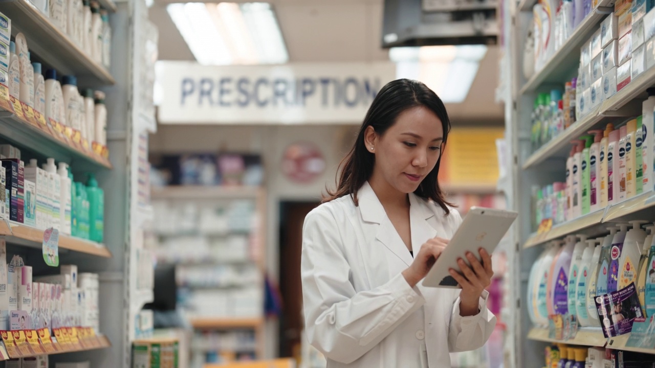 亚洲华人药剂师在零售药房检查库存视频下载