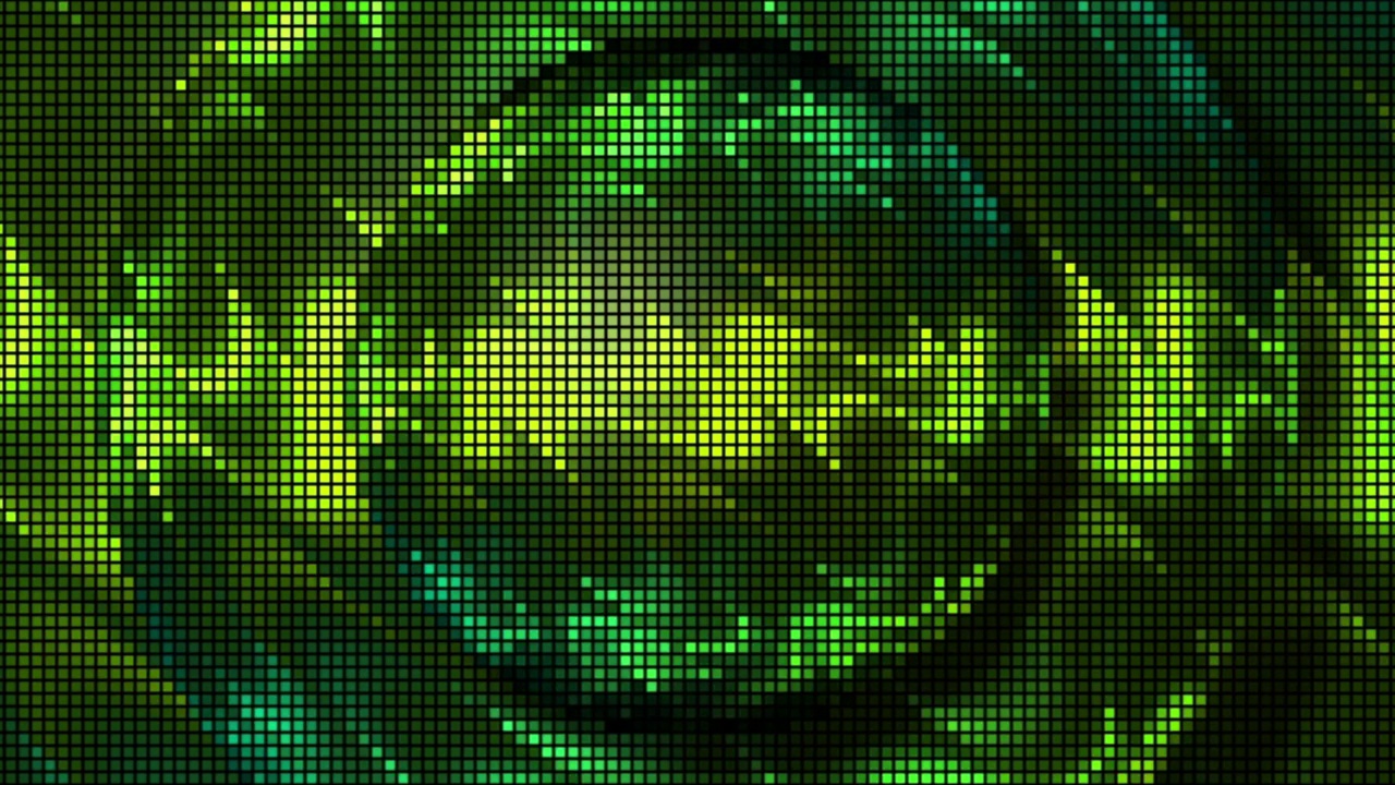 在抽象背景。运动。一个由小方块和圆圈组成的球闪烁着绿色和红色的霓虹灯视频素材