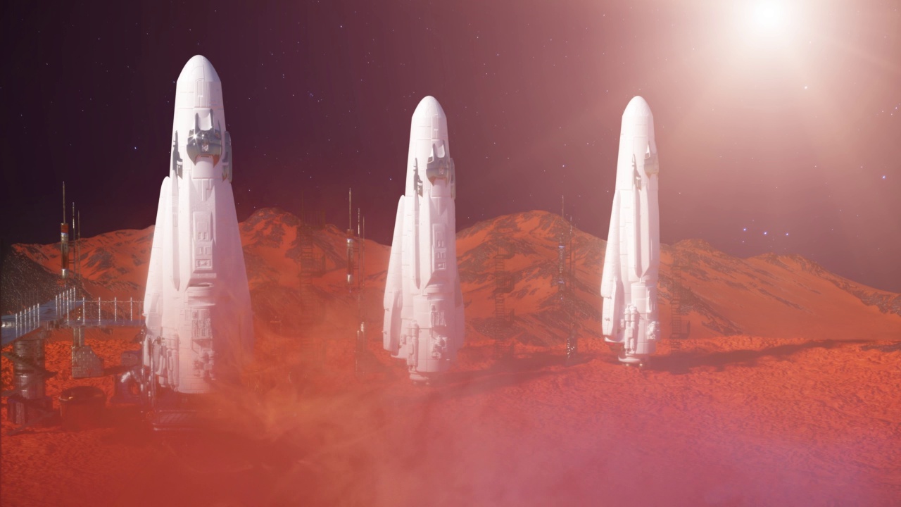 宇宙飞船火箭降落在火星空间站3d渲染视频素材