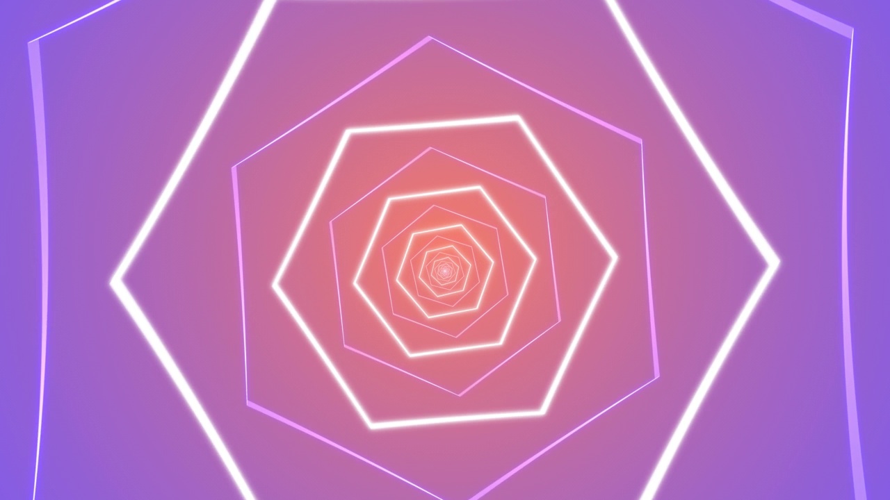 可循环抽象数字霓虹灯多边形隧道背景。4K未来主义闪闪发光的动画模式，向前移动与橙色和紫色的颜色。技术和网络理念与拷贝空间视频素材