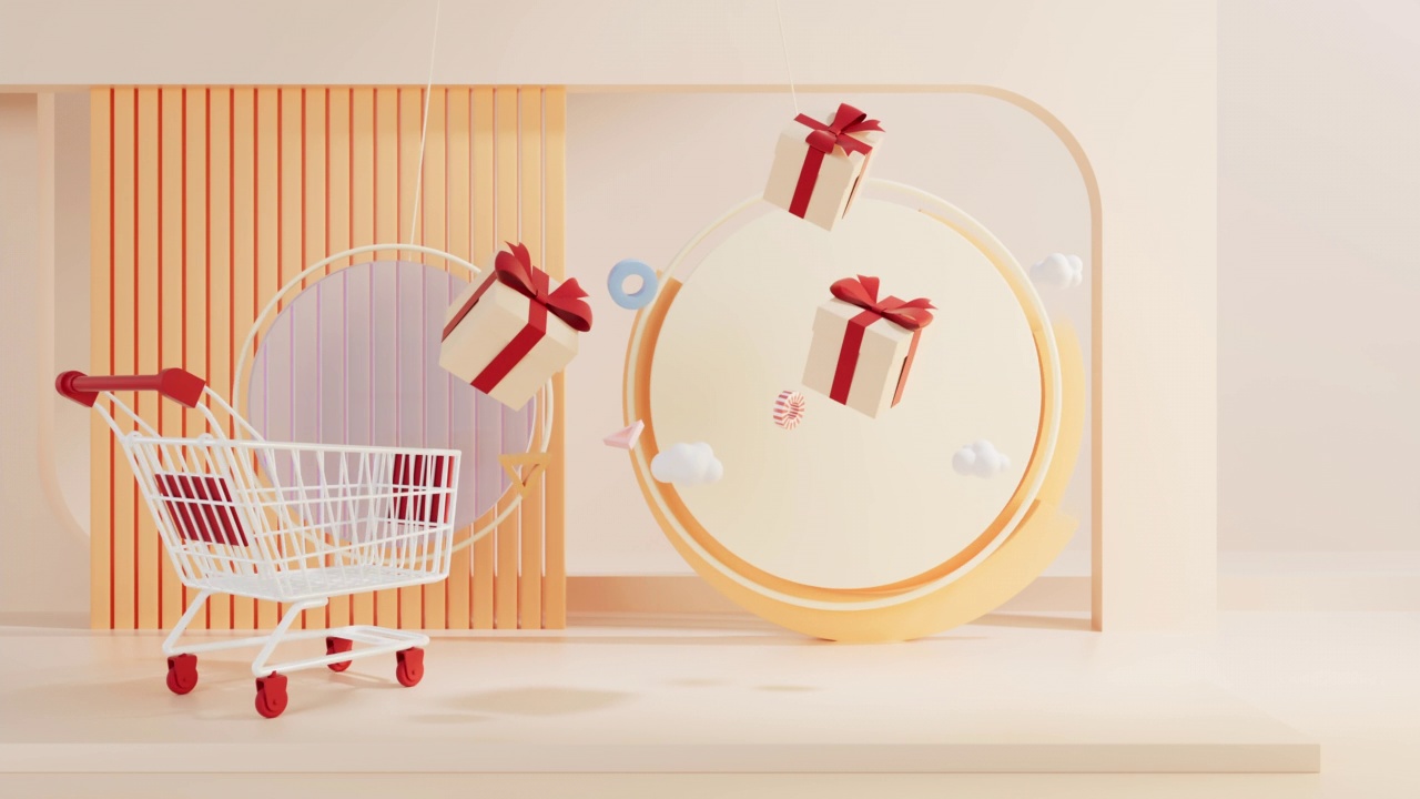 购物车循环动画，具有几何背景，3d渲染。视频下载