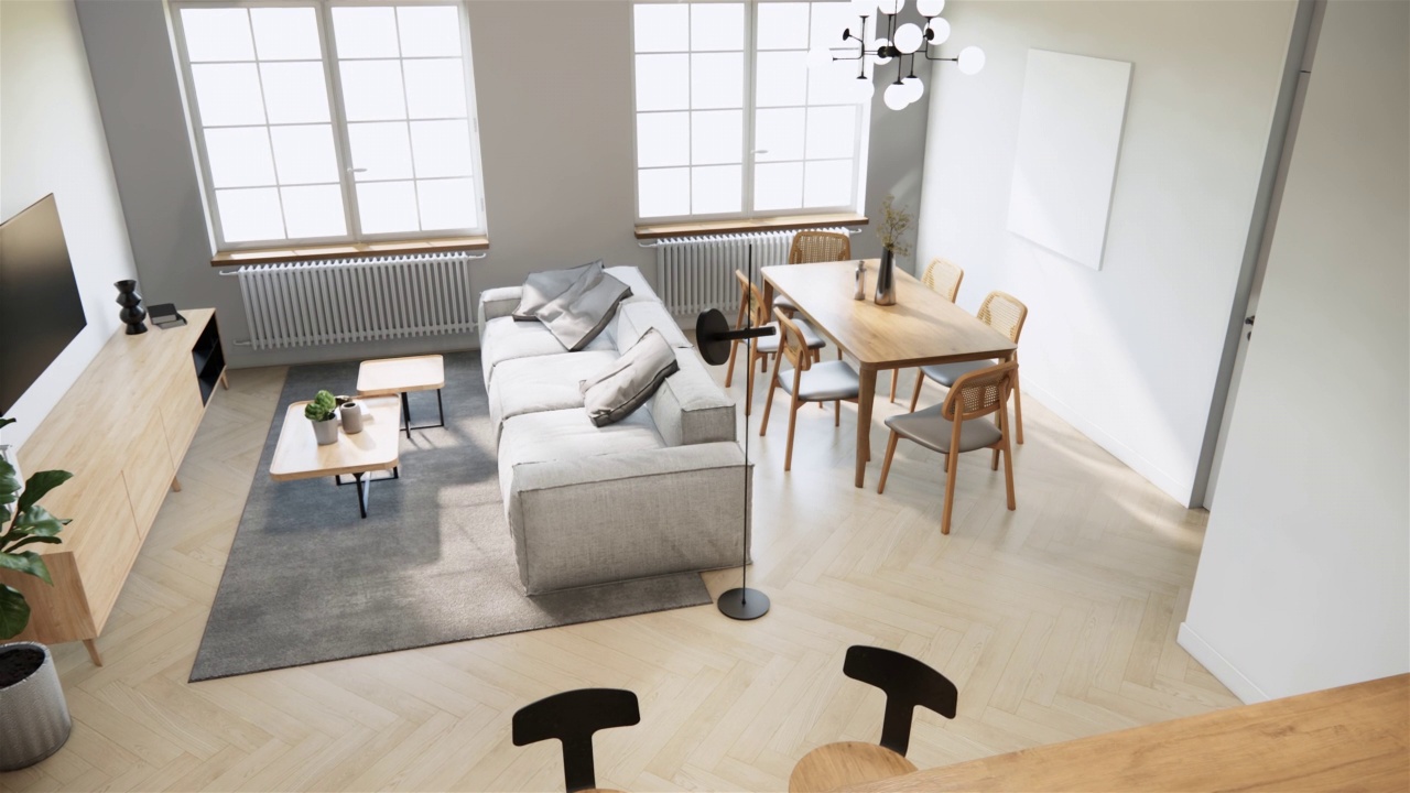 4K视频动画模拟简约的日本风格工作室室内设计和装饰，浅灰色织物沙发和枕头木制餐桌和椅子。3d渲染室内场景。视频素材