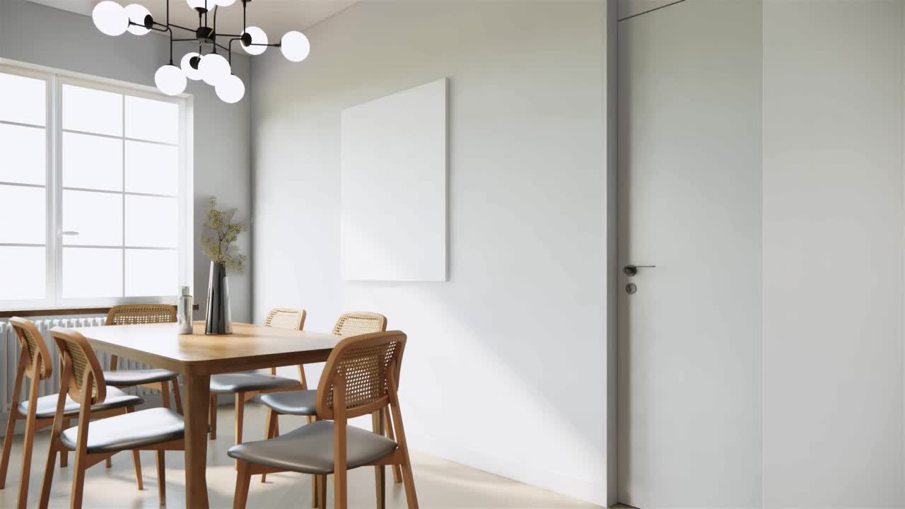3d渲染4K视频动画模拟简约的日式风格工作室室内设计和装饰，浅灰色织物沙发和枕头木制餐桌和椅子。视频素材