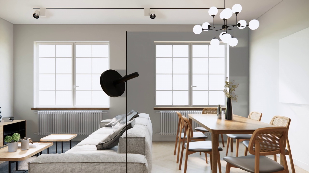 模拟工作室公寓房间的室内设计和装饰，灰色织物沙发，木制餐桌和椅子，墙壁上的黑色屏幕电视和阳光从窗户。3d渲染4K视频房。视频素材