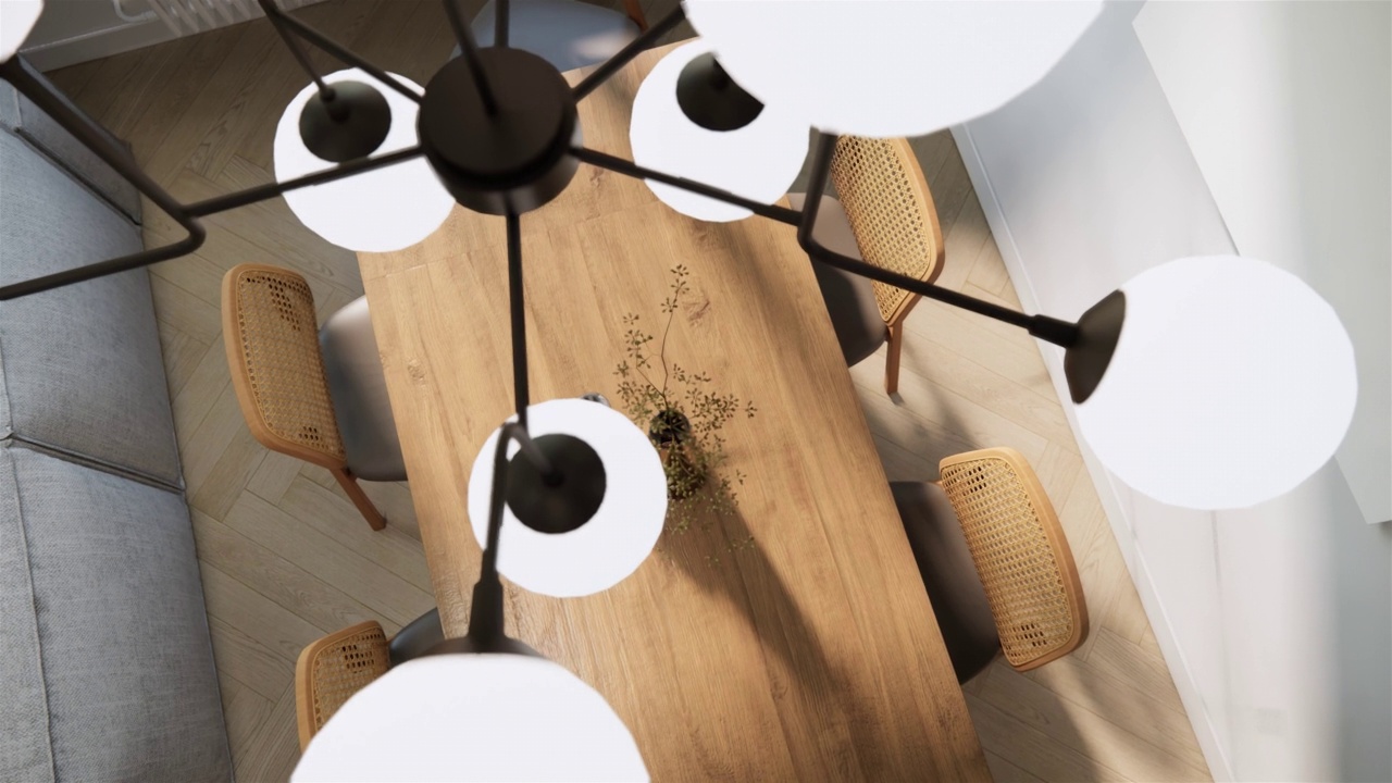 极简风格的4k视频动画模拟工作室公寓房间室内设计和装饰，木制餐桌和椅子俯视图。3d渲染空餐桌场景。视频素材