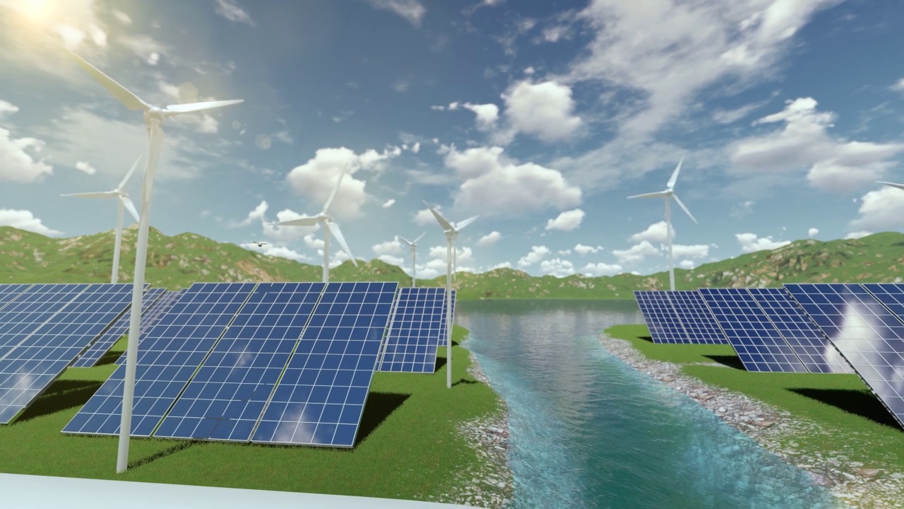 氢可再生能源生产——用于清洁电力的氢气太阳能和风力涡轮机设施。清洁能源。零排放。油箱。能量储存。3 d渲染。视频素材