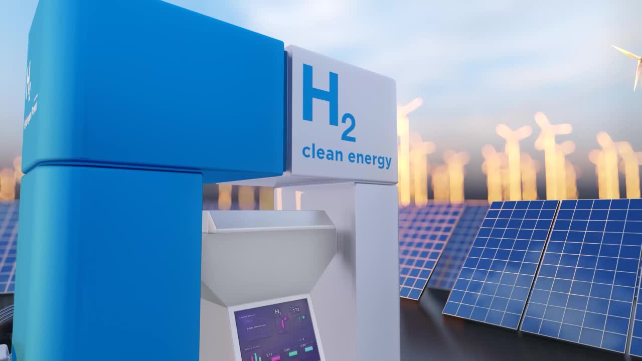 氢可再生能源生产——用于清洁电力的氢气太阳能和风力涡轮机设施。清洁能源。零排放。油箱。能量储存。3 d渲染。视频素材