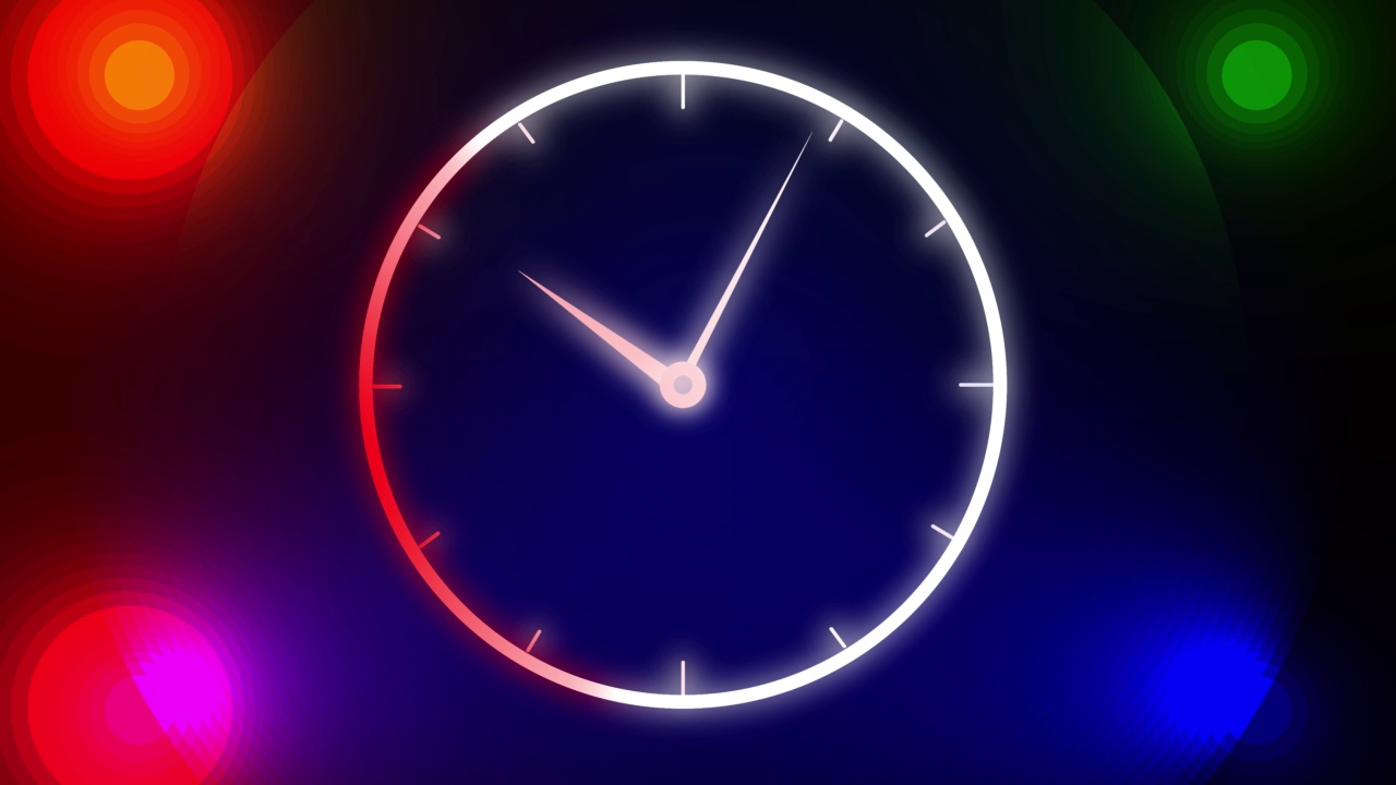 霓虹灯发光圆形时钟动画在彩色的背景视频素材