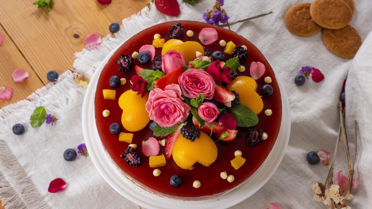 芝士蛋糕配浆果和水果-高汤视频视频素材