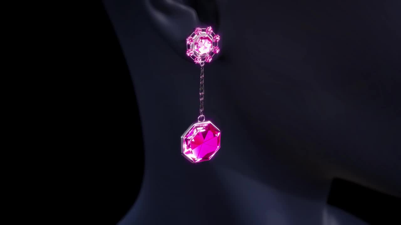 银色耳环与粉红色宝石石上的人体模型，孤立，虚构视频素材