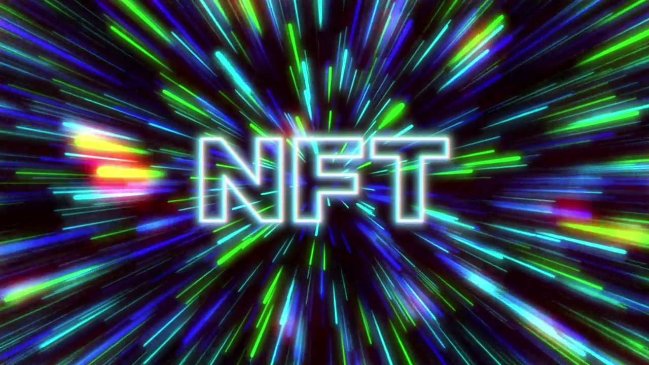 霓虹灯NFT铭文霓虹灯发光射线背景。NFT元宇宙概念视频下载