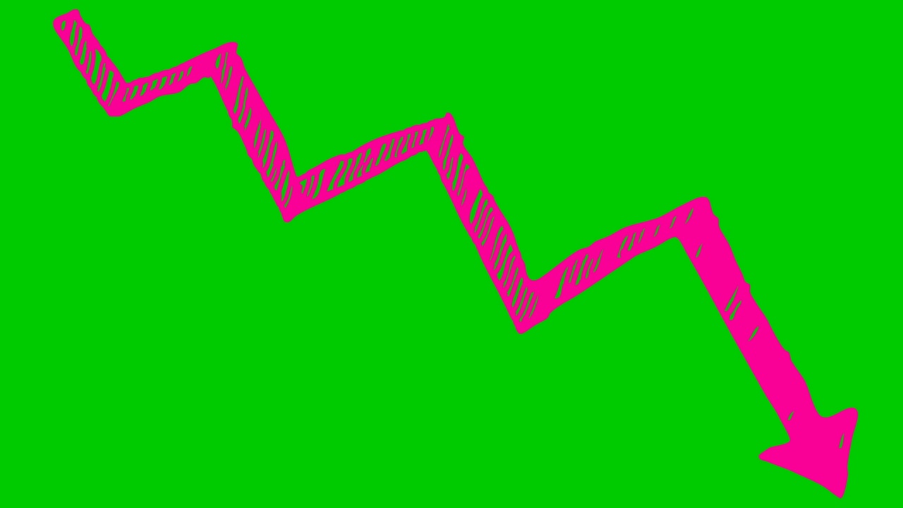 动画粉色和蓝色箭头。经济衰退图。经济危机、衰退、下降图。利润下降。手绘矢量插图孤立在绿色背景上。视频素材