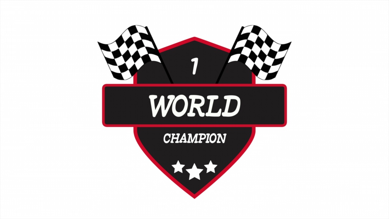 带有比赛旗帜和世界冠军文字的运动徽章视频下载