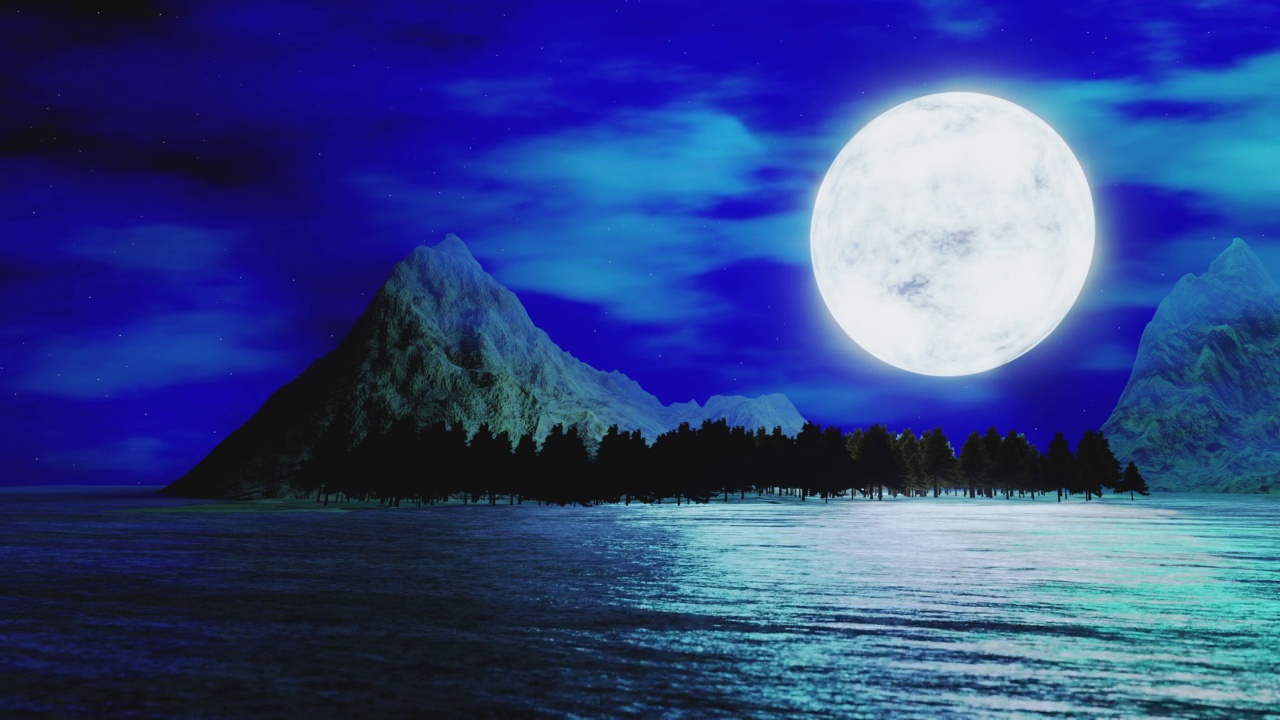 月圆之夜，明亮的星星布满天空。夜山景与萤火虫视频素材