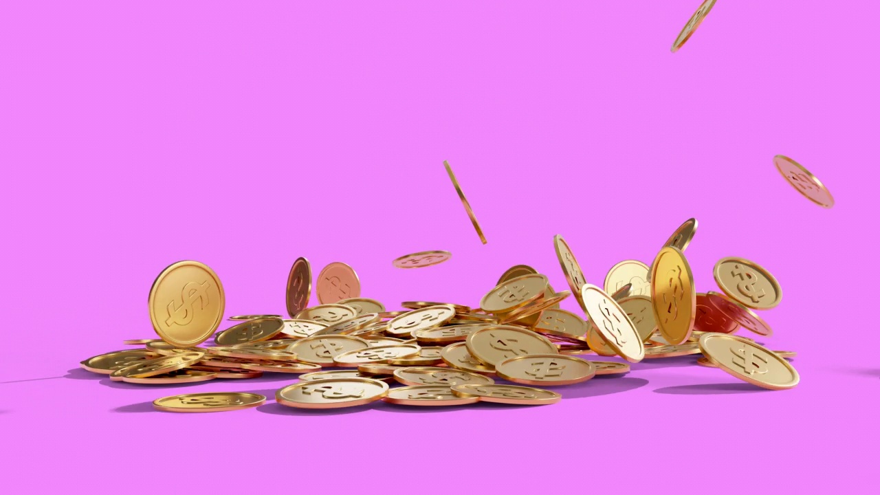 3d动画爆炸的金币与美元符号落在地板粉红色的背景。视频素材