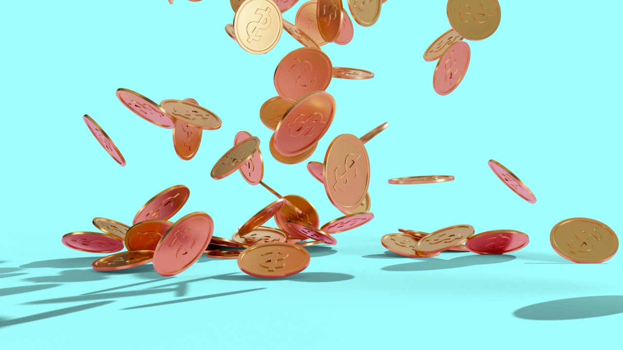 3d动画爆炸的金币与美元符号落在地板蓝色的背景。视频素材