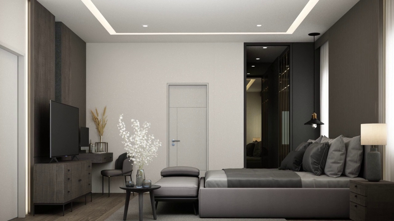 公寓的室内设计采用了暗色调和简约风格。深色的木质材料和灰色的软垫家具，大窗户和透明窗帘。卧室3 d渲染视频下载