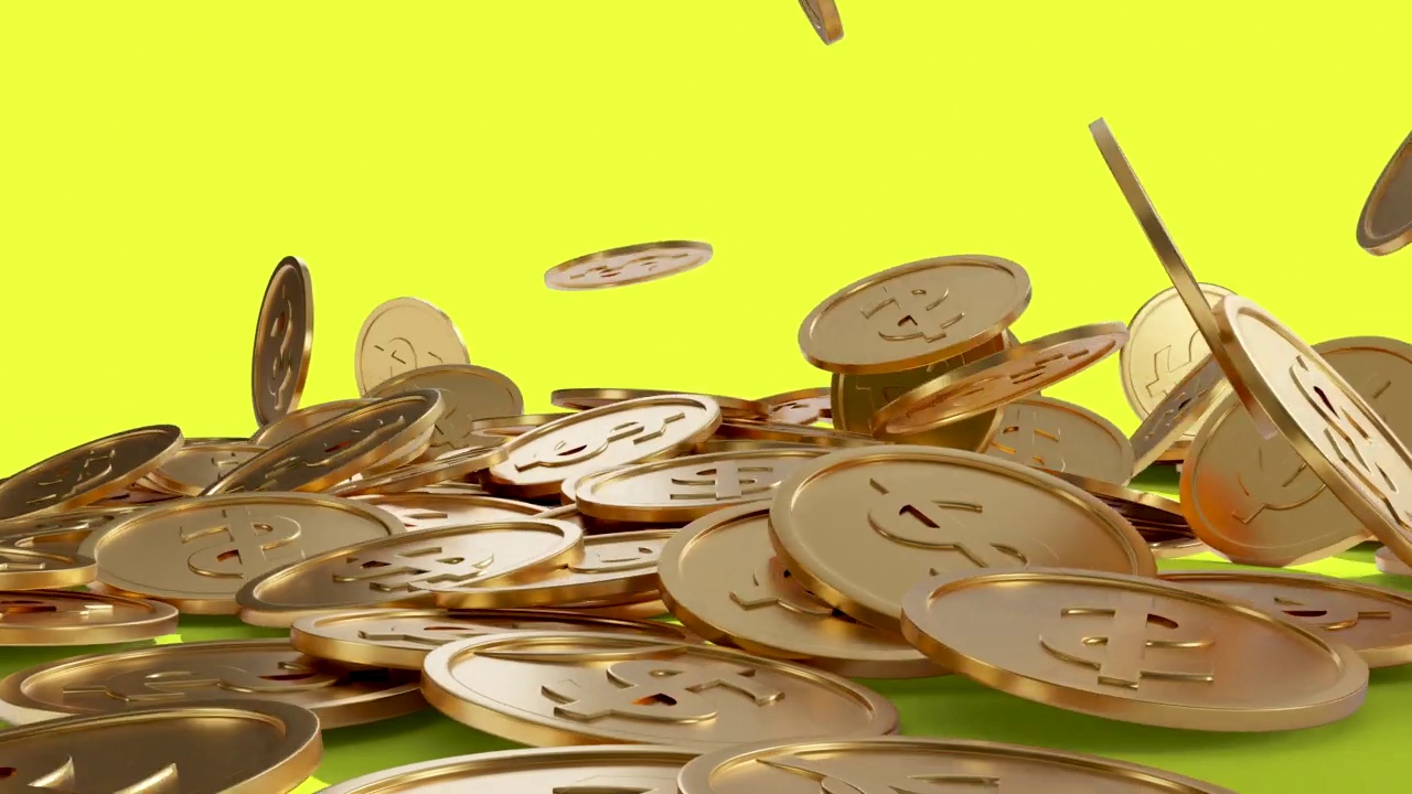 3d动画爆炸的金币与美元符号落在地板黄色的背景。视频素材