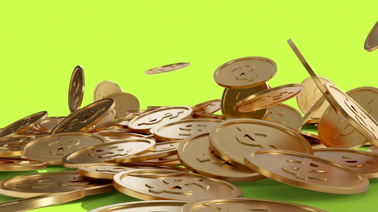 3d动画爆炸的金币与美元符号落在地板绿色背景。视频素材
