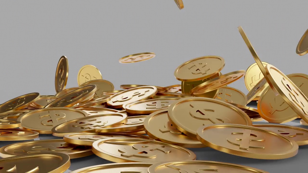 3d动画爆炸的金币与美元符号落在地板白色背景。视频素材