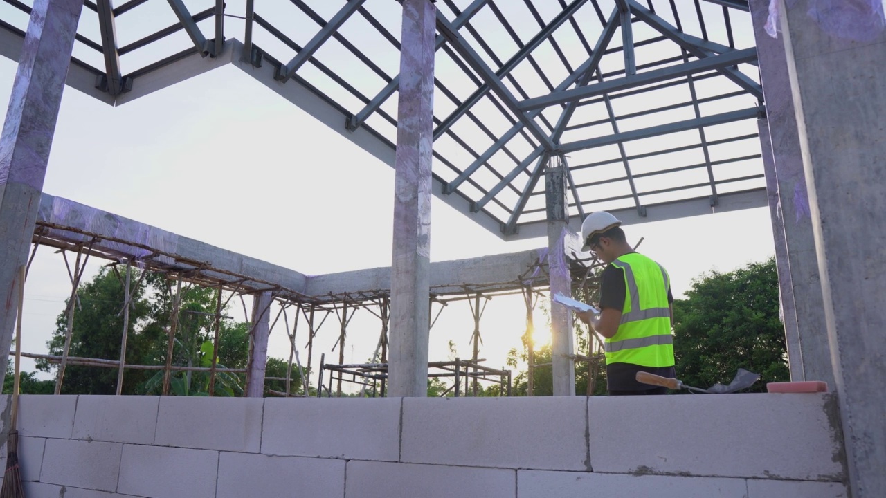 在房屋建筑工地，一名工程技术人员使用蓝图纸观察检查钢屋顶结构。视频素材
