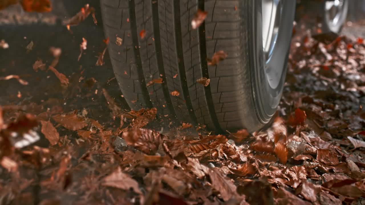 SLO MO TS汽车轮胎在树叶覆盖的柏油路上转弯视频素材