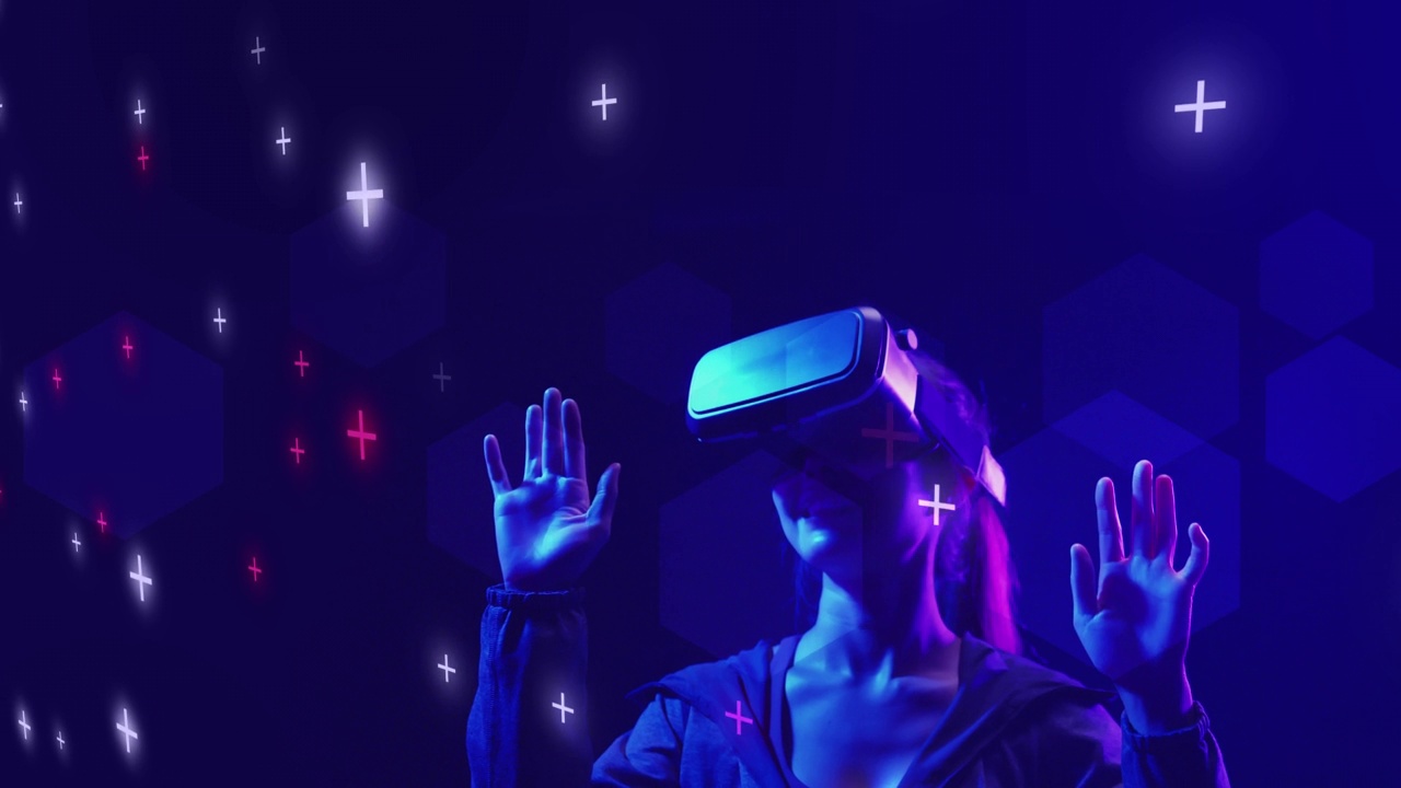 少女玩VR虚拟现实MR混合现实元宇宙游戏戴着VR眼镜观看虚拟网络空间未来抽象数字技术背景视频素材